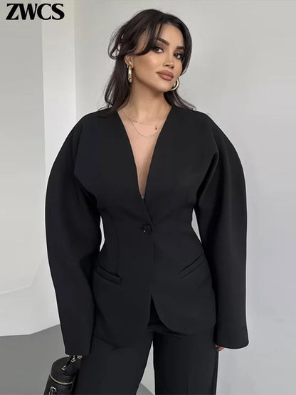 🍒Stylish blazers coat v neck jacket for women and pants set party occasion wear single button suit with matching straight long trousers office outfit single out this single button in a Single Minute