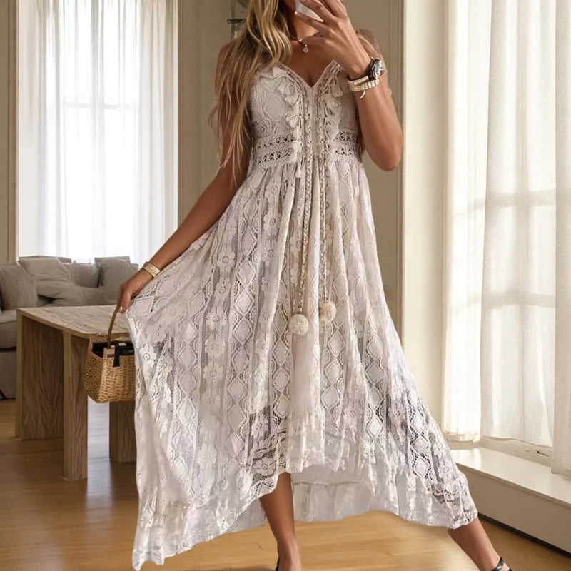 🍒Sleeveless lace dress spaghetti straps camisole long mesh outfit v-neck loose summer fashion for women tassel loose beach wear for women solid colour holiday wear Do A Spot Of Sunbathing In  Beachy Lace