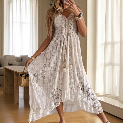 🍒Sleeveless lace dress spaghetti straps camisole long mesh outfit v-neck loose summer fashion for women tassel loose beach wear for women solid colour holiday wear Do A Spot Of Sunbathing In  Beachy Lace