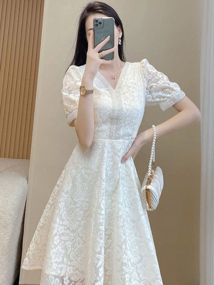 🍒Dress special occasion outfits women midi frock in white colour lace one-piece elegant chic  summer fashion plus size clothing