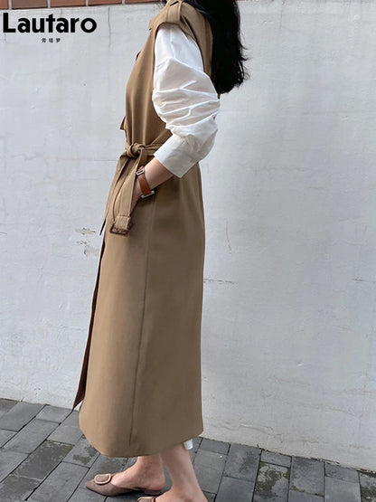 🍒Sleeveless trench coat for women with belt double breasted long vest maxi outerwear female loose autumn spring fashion Trendy Trench Trend