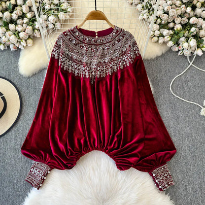 🍒Vintage velvet blouse women's velour shirt sequin  clothing elasticated waist top Loose party occasion wear clothing Voted Velvet Varying Never