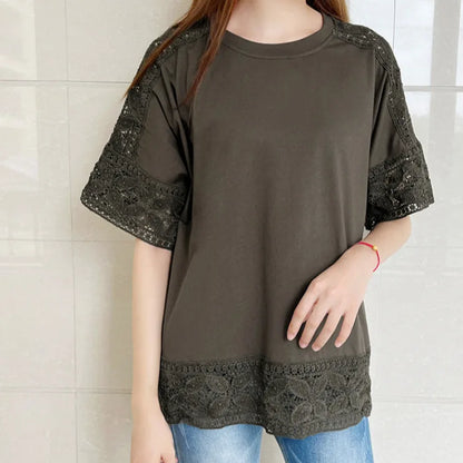 🍒Lace top women summer blouses short sleeve casual tees female tshirt solid color tunic oversized smart casual wear