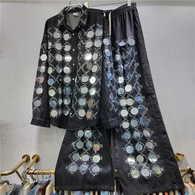 🍒Denim shirt big sequin Jacket plaid tops occasion partywear and matching high waist wide legs denim pants two piece sets women Dynamic Denim