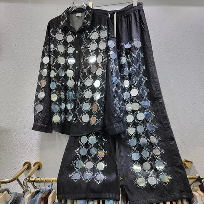 🍒Denim shirt big sequin Jacket plaid tops occasion partywear and matching high waist wide legs denim pants two piece sets women Dynamic Denim