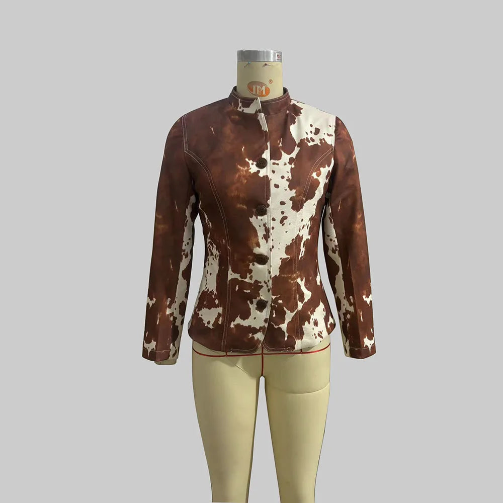 🍒Casual Jacket for women  fashion brown animal print long sleeve jacket lapel styles and stand up collar slim blazer suits smart casual Cute Cow