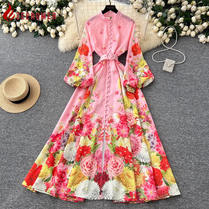 🍒Floral print maxi dress puff sleeve pattern womens stand collar outfit with flowers belt single breasted shirt dress gorgeous prom party wear  occasion fashion wedding guest clothes Get Pink Lemonade At A Garden Party