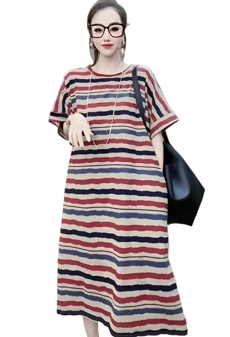 🍒Striped t-shirt dress A- line knee length outfit plus size slimming clothes for plus size women spring summer fashion   Stripe A- Pose
