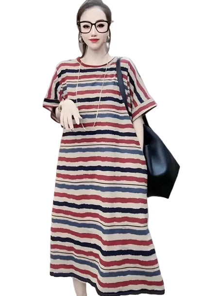 🍒Striped t-shirt dress A- line knee length outfit plus size slimming clothes for plus size women spring summer fashion   Stripe A- Pose