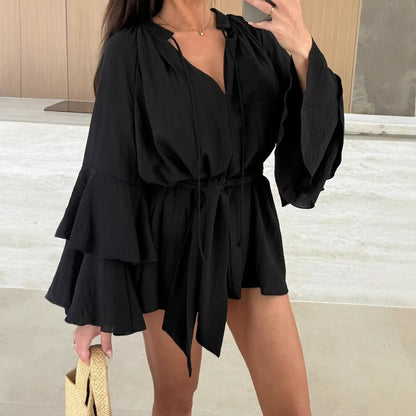 🍒Elegant fold dress women brown deep v-neck long sleeve mini dress female spring summer loose fashion clothes party occasion wear Blouse Up In  a Dress