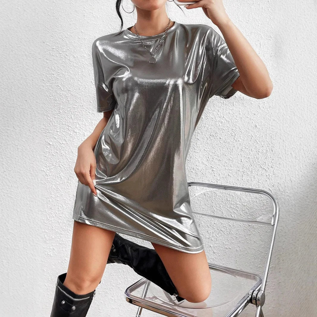 🍒Shiny t-shirt dress trendy o-neck outfit short-sleeved mini dress loose tee club wear party wear holiday wear beach party clothes Save Your Silvers keep Your Coppers