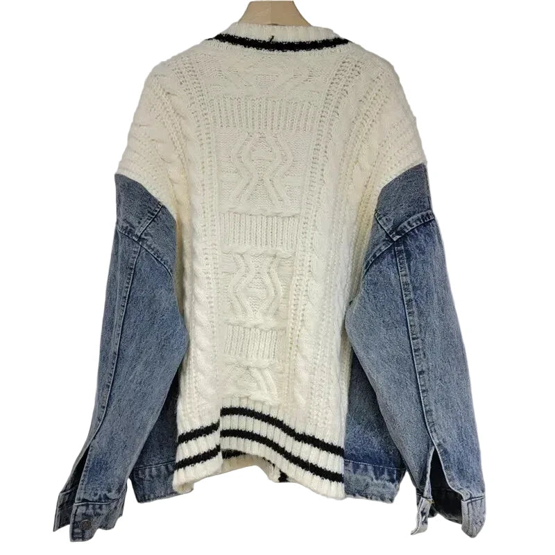 🍒Patchwork knit cardigan loose v-neck long sleeve sweater for women spring/summer female denim fashion with pockets Don’t Delay Denim Dellivers