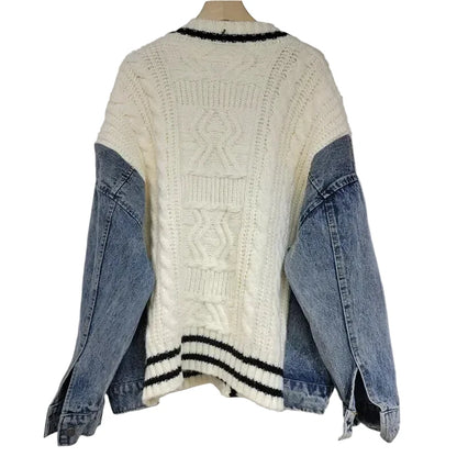 🍒Patchwork knit cardigan loose v-neck long sleeve sweater for women spring/summer female denim fashion with pockets Don’t Delay Denim Dellivers