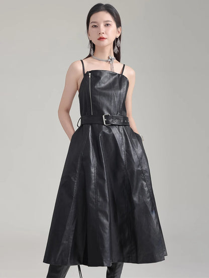 🍒Black faux leather dress spaghetti strap pu outfit with zip front sleeveless belted midi a-line dress party occasion wear sleeveless wear for women Like A Biker