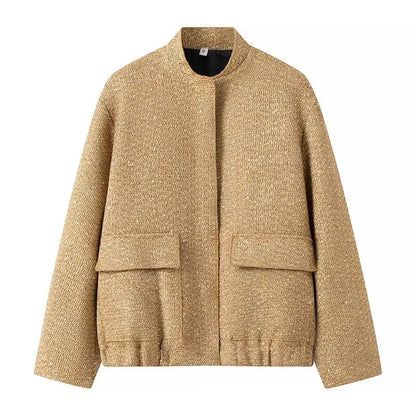 🍒Sequin bomber Jacket women Y2k gold Colour stand collar short coat long sleeve  spring fashion high Streetwear occasion wear smart casual clothing for women  Spring Into Shimmer