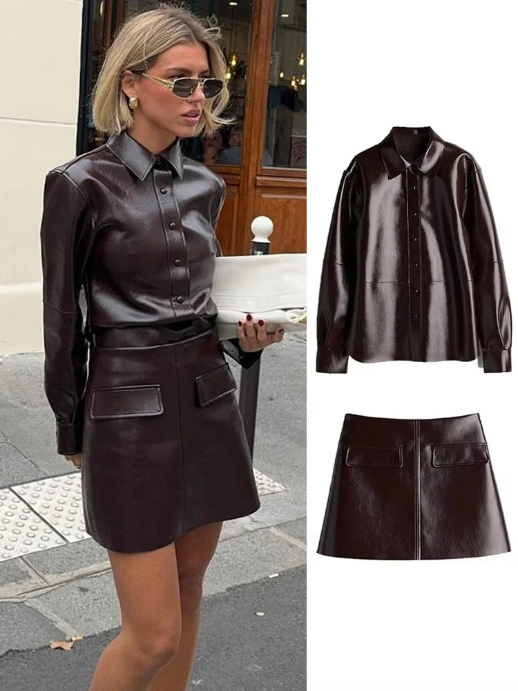 🍒Leather short skirt set women Y2K long sleeve pu jacket and mini skirt suits women's high street fashion smart casual outfits