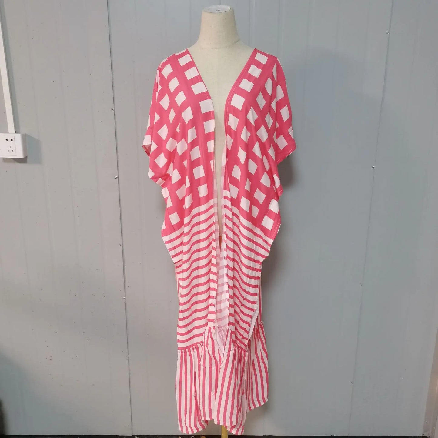 🍒Beach cover ups for swimwear women checker kimono with sripes cape summer dress beachwear outfits Check Out This Beach