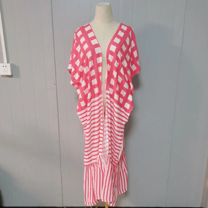 🍒Beach cover ups for swimwear women checker kimono with sripes cape summer dress beachwear outfits Check Out This Beach