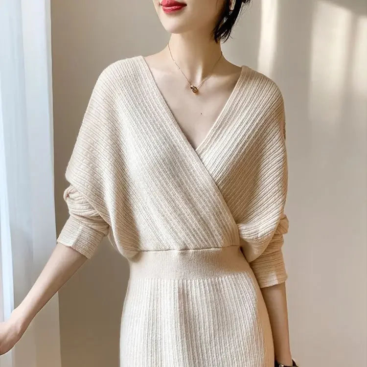 🍒V-neck knit dress criss cross elasticated waist batwing sleeve outfit slim fit elegant autumn winter fashion smart casual wear women Jump Into Knits