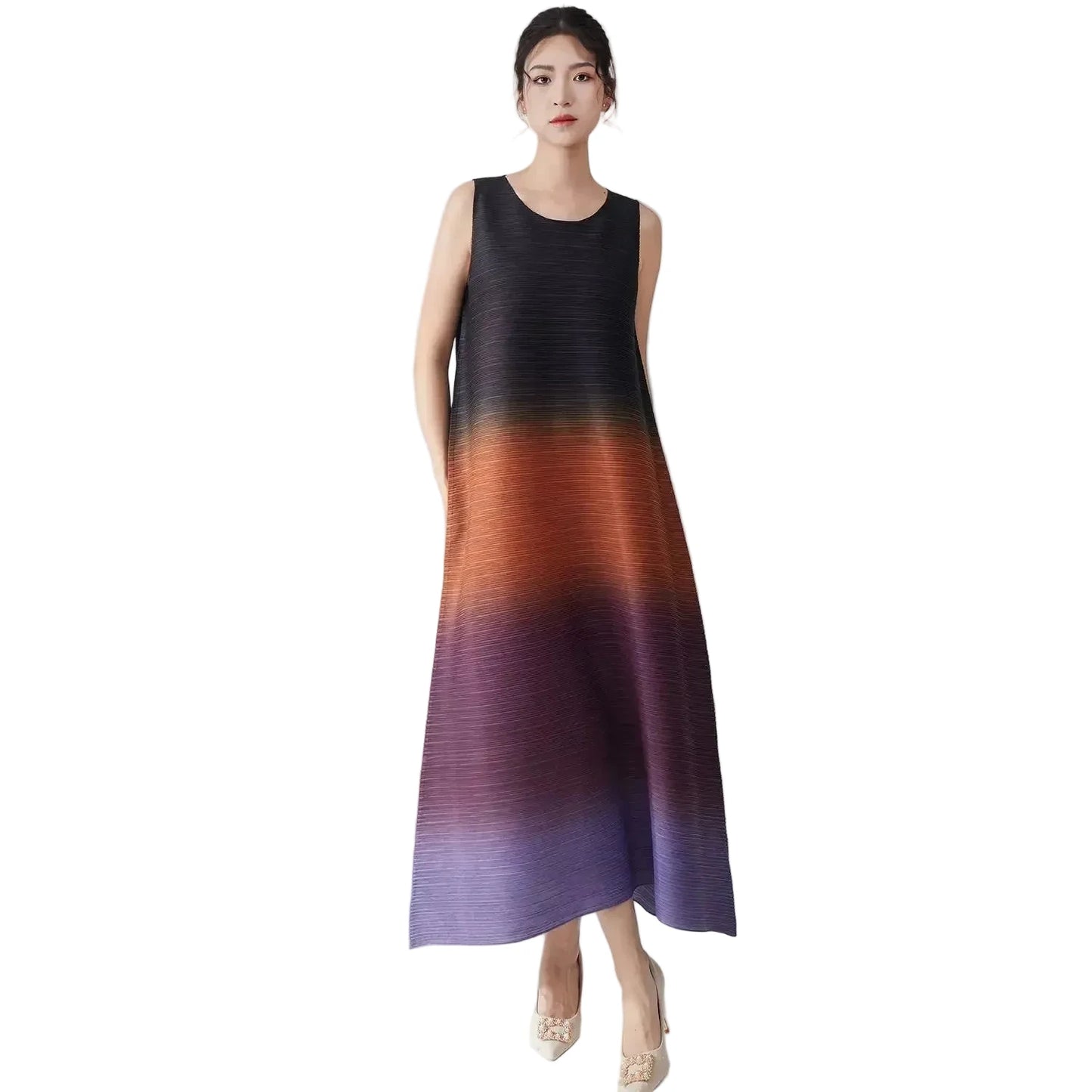 🍒Women's high-end clothing dress sleeveless long loose outfit gradual colour ombre fashion wear sleeveless loose long dress for party occasion wear  Gravitate To Gradual