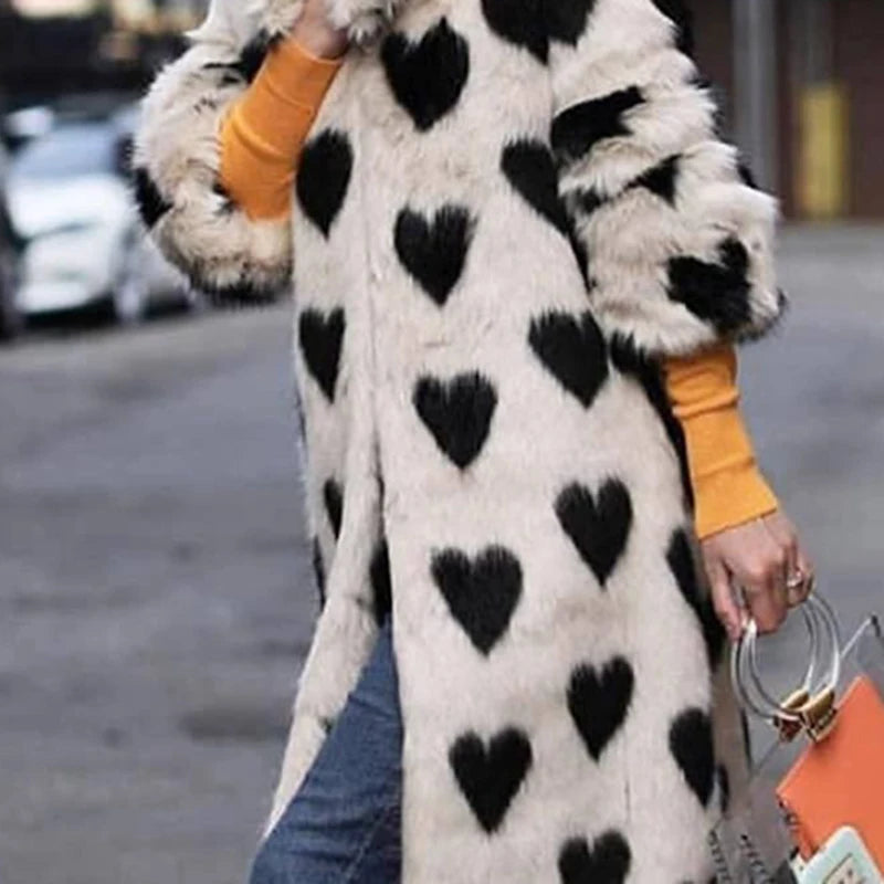 🍒Fashion versatile heart print faux fur coat long winter women plush warm Integrated furs coats Warm Hearting Fashion