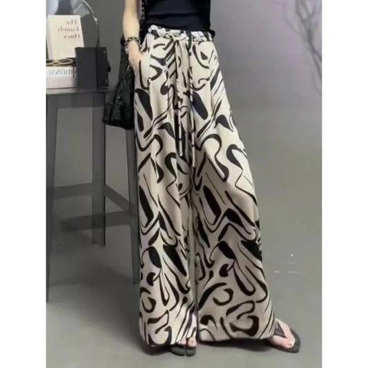 🍒Black and white trousers printed for women loose fitting summer clothes wide leg pants with drawstring smart casual wear