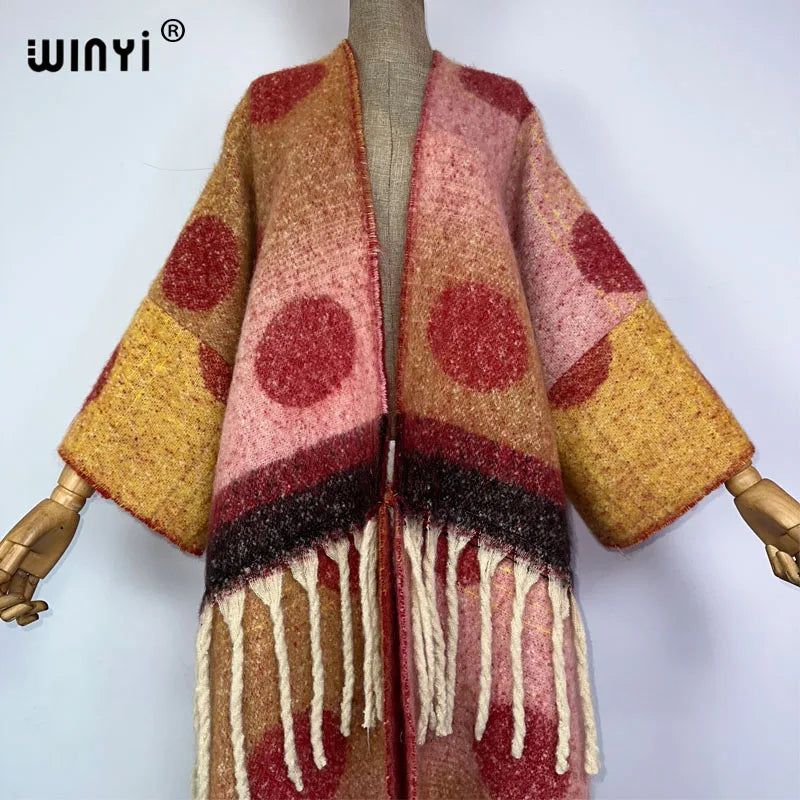 🍒winter coat for women fashion print long outdoor cardigan with  tassels luxury knitted overcoat thick europe warm long knit jacket cardigan Hot Spot