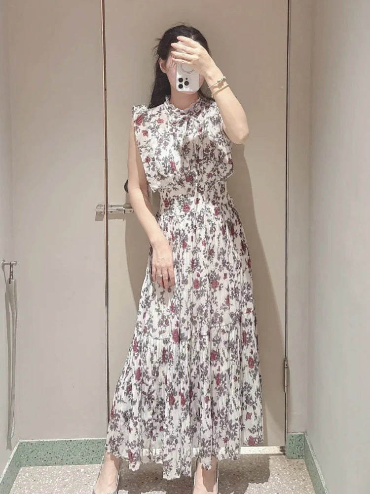 🍒Mid-length dresses for women printed high waisted outfit gentle literary pleated slim exquisite outfit smart casual flloral clothing