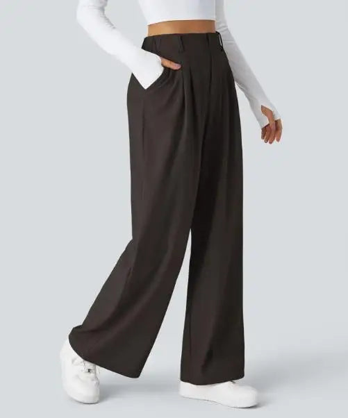 🍒Elegant women straight pants flowy solid colour high waisted trousers wide leg work wear female fashion clothes No Need To Put The Leg Work In To Get These Legs