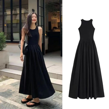 🍒Long dresses high waist summer round neck maxi dress sleeveless women fashion simple style elegant long black outfit smart casual wear