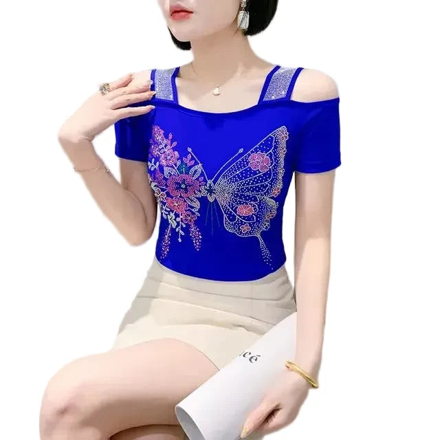 🍒Streetwear chic Heart Shaped top diamond t-shirt off shoulder black tee women summer short sleeve mesh tops SEQ And w 'UIN This Heart