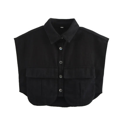 🍒Women's summer cropped shirt sleeveless blouse top ladies elegant with large pockets vintage style chic casual solid summer clothing high end cardigan denim top Pocket This Crop