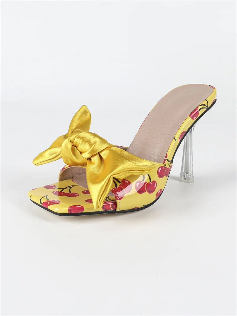 🍒Transparent heeled slippers For Woman colourful silk bowknot design heels party wear sandal shoes occasion footwear fashion cherry pattern mules slides Present A Bow To You