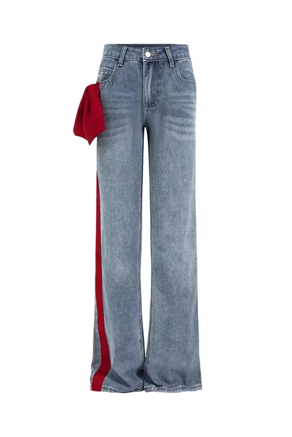 🍒Women's spring/autumn style Jeans fashion versatile slim Fit casual pants with linear and  bow detail decoration tie bow trousers  flared leg denim Line Up For These Bow Lines