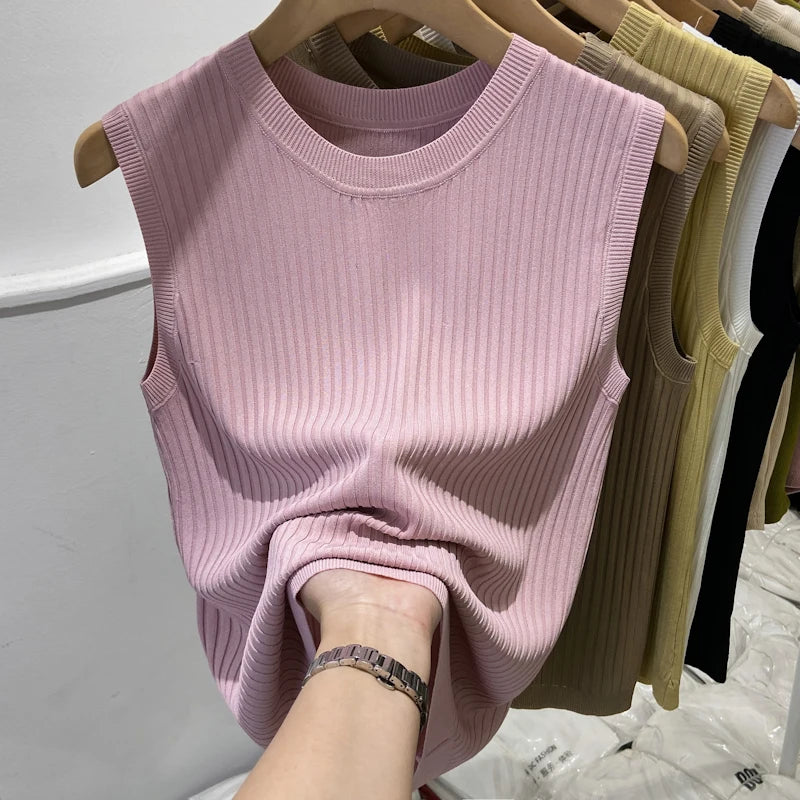 🍒Womens knitted tank tops fine knit vest summer wear for women  o-neck sleeveless t-shirt casual clothing Tank Up Your Tops