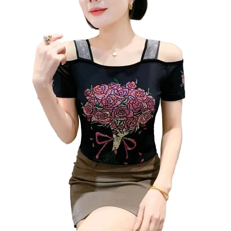 🍒Streetwear chic Heart Shaped top diamond t-shirt off shoulder black tee women summer short sleeve mesh tops SEQ And w 'UIN This Heart