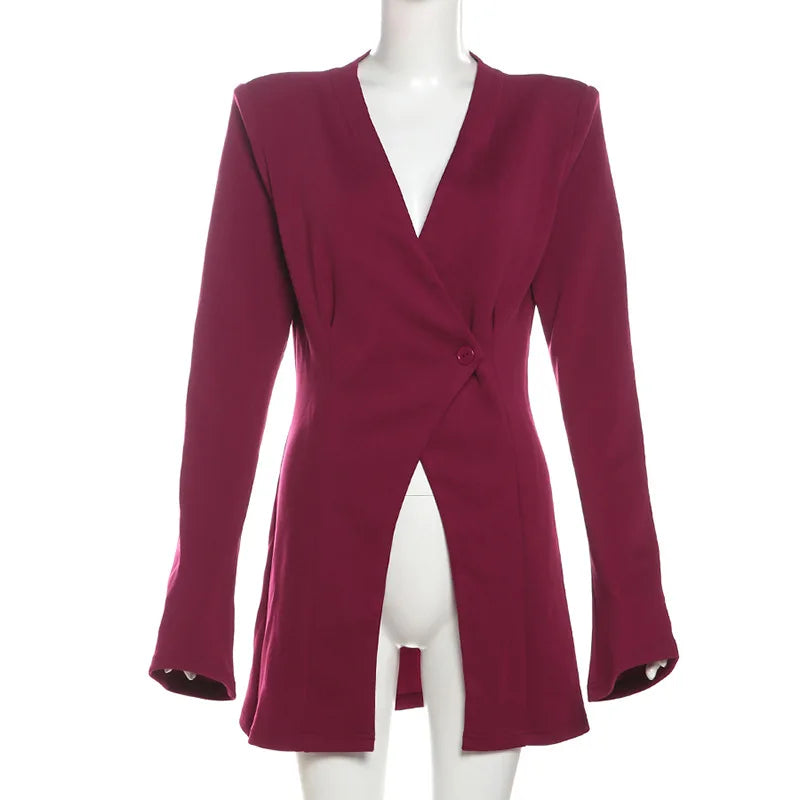 🍒Slim white blazer women button blazer coat for women v-neck long sleeve jacket for office wear office coat slit high waisted outwear Autumn Winter fashion party occasion wear Get wasted In A Waisted