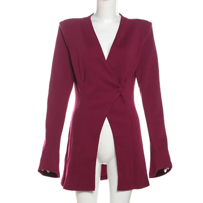🍒Slim white blazer women button blazer coat for women v-neck long sleeve jacket for office wear office coat slit high waisted outwear Autumn Winter fashion party occasion wear Get wasted In A Waisted