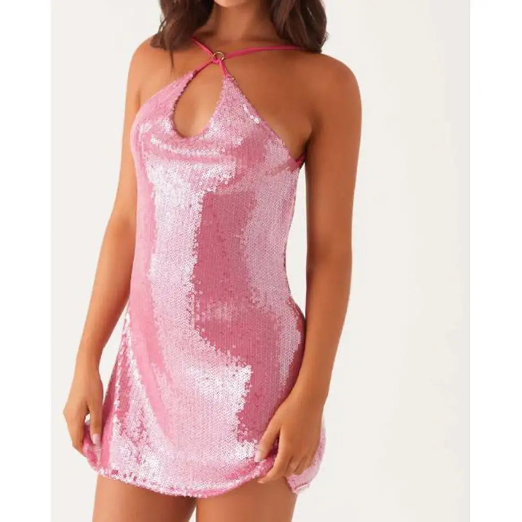 🍒Sequin summer dress glitter mini outfit sleeveless adjustable thin spaghetti Strap fashion clothes for parties backless mini dress black  Back Classics