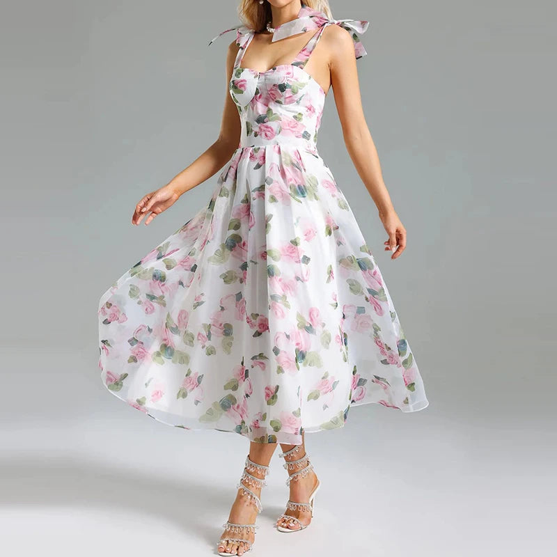 🍒High waist party dress with bodice and full skirt elegant floral print for summer fashion  sleeveless a-line dress off shoulder outfit women Fun Floaty Floral