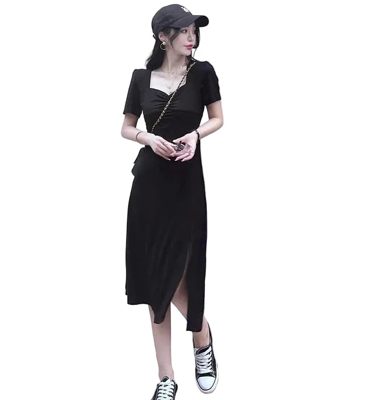 🍒black dresses midi fashion trendy Y2k aesthetic summer wear sweet heart kneck outfit evening party wear smart casual women clothing Be A Sweet Heart To Yourself And Buy This