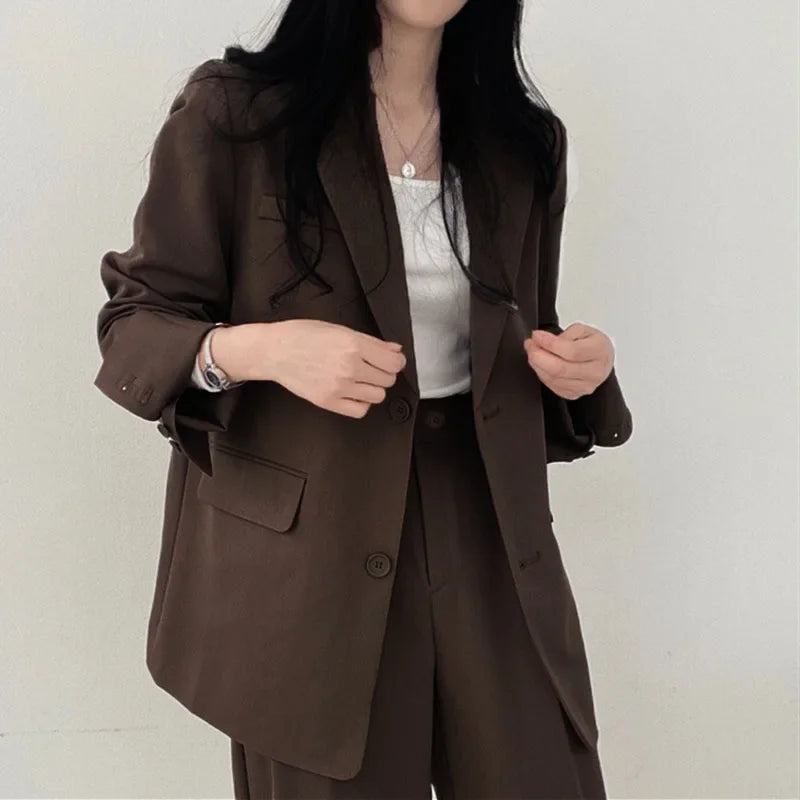 🍒Solid color women's suit set fashion loose casual wear 2 piece set office suits for ladies long sleeve pocket jacket formal wear strawbery choclate ...Suit Yourself