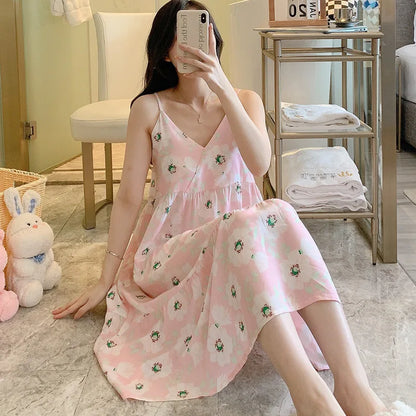 🍒Sleeveless night dress for Women breathable viscose cotton camisole nightie floral  night dress loungewear summer wear holidaywear nightwear Fresh Florals