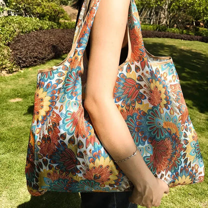 🍒Large capacity foldable portable supermarket tote environmentally friendly shopping grocery bag waterproof shoulder storage bag