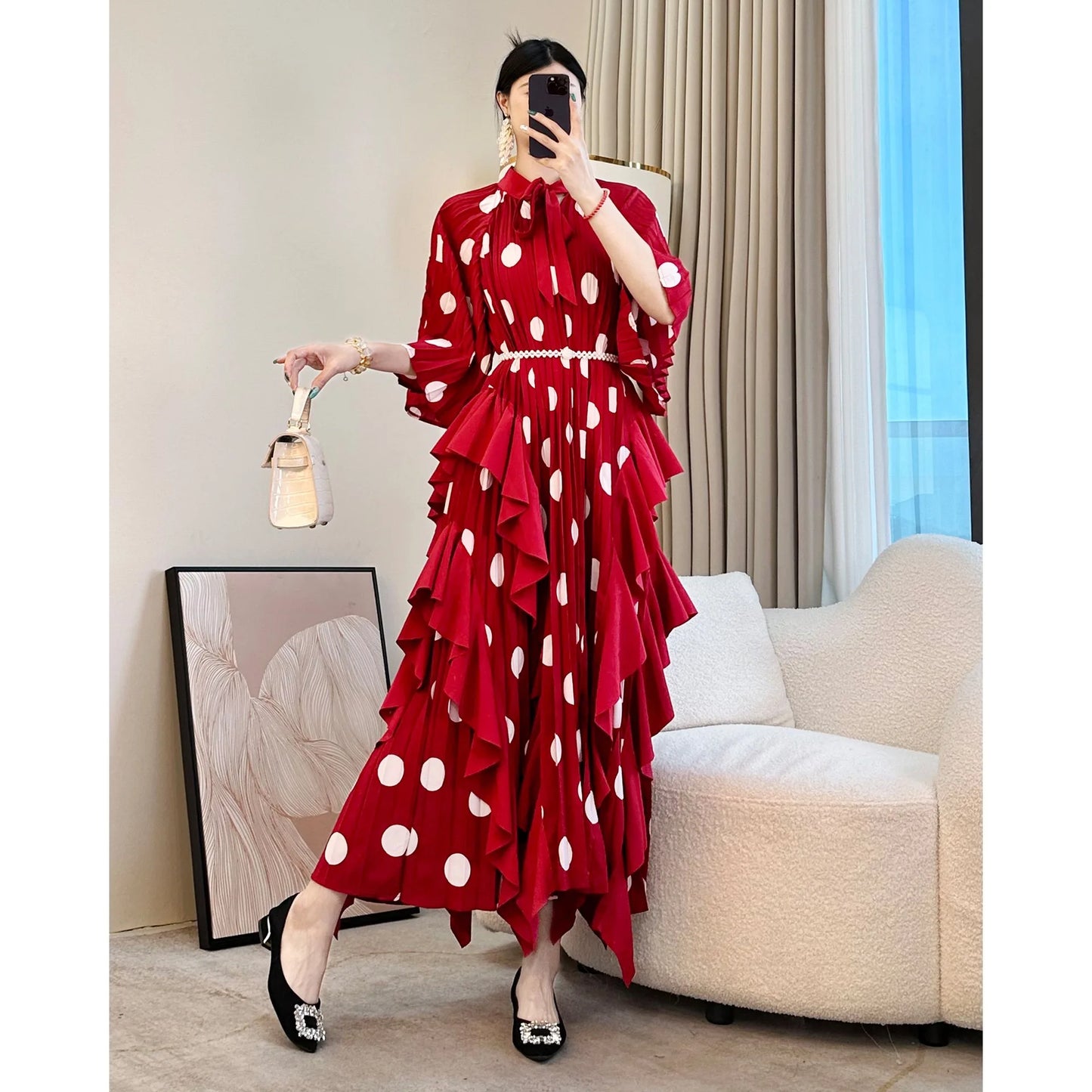 🍒 Dress with polka dots simple pleats and ruffled edges summer outfit looks long loose fit smart primted casual wear loose Fit clothing and Slimming Effect  party occasion clothing Lucky You Spotted this Spot