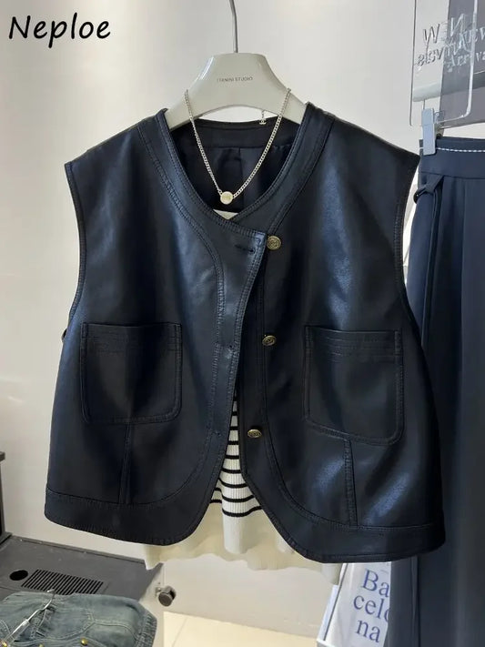 🍒Leather vest women chic clothing streetwear fashion style Y2K waist coat sleeveless moto jacket buttoned cute tank smart casual clothes party occasion wear Look Leather Lovely