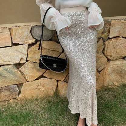 🍒Sequin maxi skirt summer elasticated waist skirts full length bodycon fashion clothing for women glitter party club wear for women