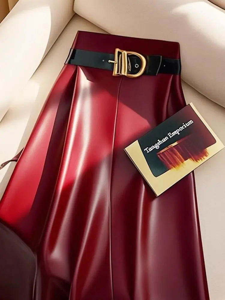 🍒Red pu skirt high end goddess fashion a-line leather midi mid length umbrella skirt occasion party wear Get A Little Bottle with A Burgundy