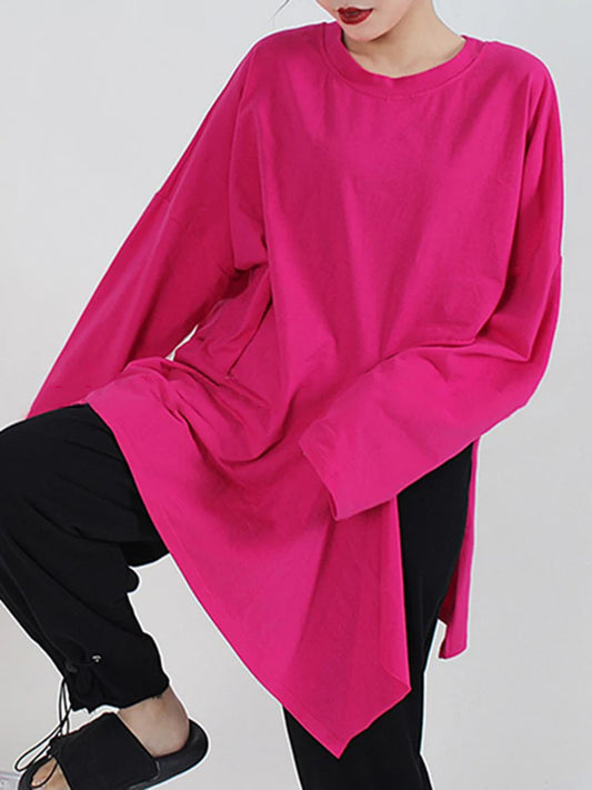 🍒Hot pink t-shirt big size Irregular side slit tee with o-neck long sleeve fashion for women smart casual spring autumn clothing  Don’t Cut Across This Cool Cross Cut
