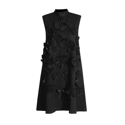 🍒Soild 3D applique dress mini for women smart casual stand collar outfit sleeveless tie bow collar chic female fashion occasion party wear Awesome Applique